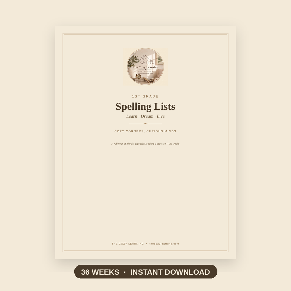 1st Grade Spelling List Printable | 36 Weeks Blends, Digraphs & Silent-E Practice | Homeschool Digital Download