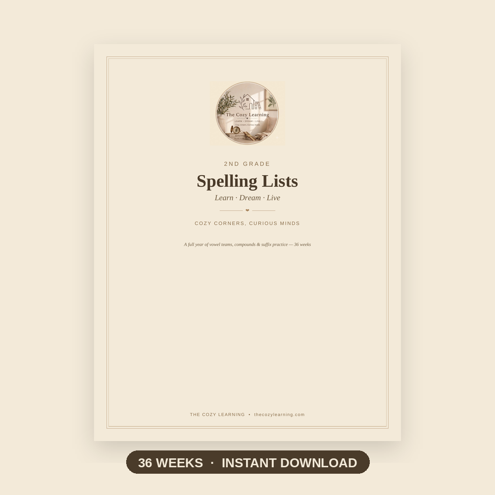 2nd Grade Spelling List Printable | 36 Weeks Vowel Teams & Suffixes | Homeschool Digital Download
