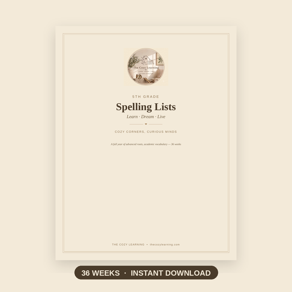 5th Grade Spelling List Printable | 36 Weeks Advanced Roots & Academic Vocabulary | Homeschool Digital Download