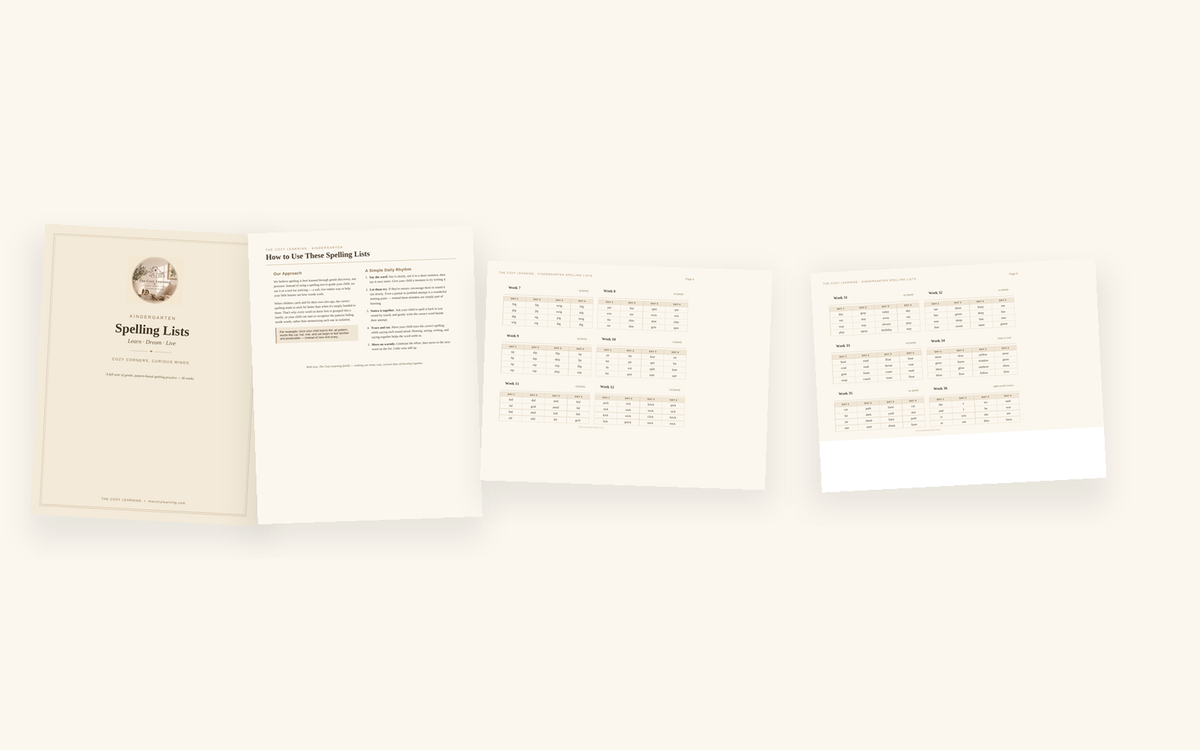 Kindergarten Spelling List Printable | 36 Weeks Word Family Practice | Homeschool Digital Download