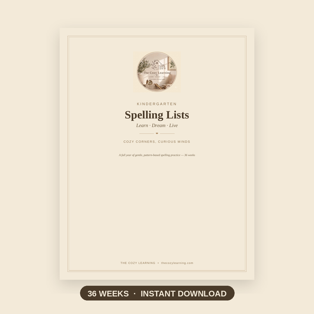 Kindergarten Spelling List Printable | 36 Weeks Word Family Practice | Homeschool Digital Download